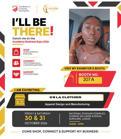 Exhibitor flyer: G’s La Clothier at the Academy Business Expo 2026, booth 207A, 30 and 31 October 2026, National Stadium Complex, Surulere, Lagos, 10am to 5pm.