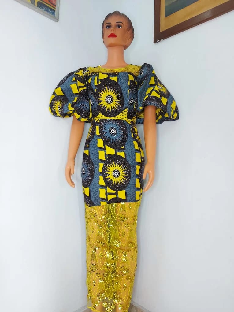 Ankara puff-sleeve top with gold sequin skirt