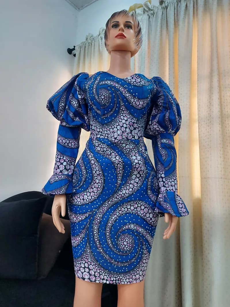 Blue swirl Ankara balloon-sleeve dress