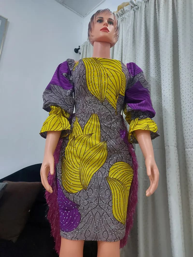 Purple and yellow Ankara puff-sleeve dress