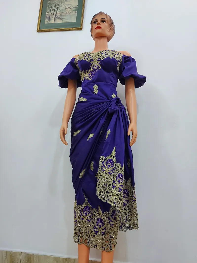 Purple and gold lace off-shoulder dress