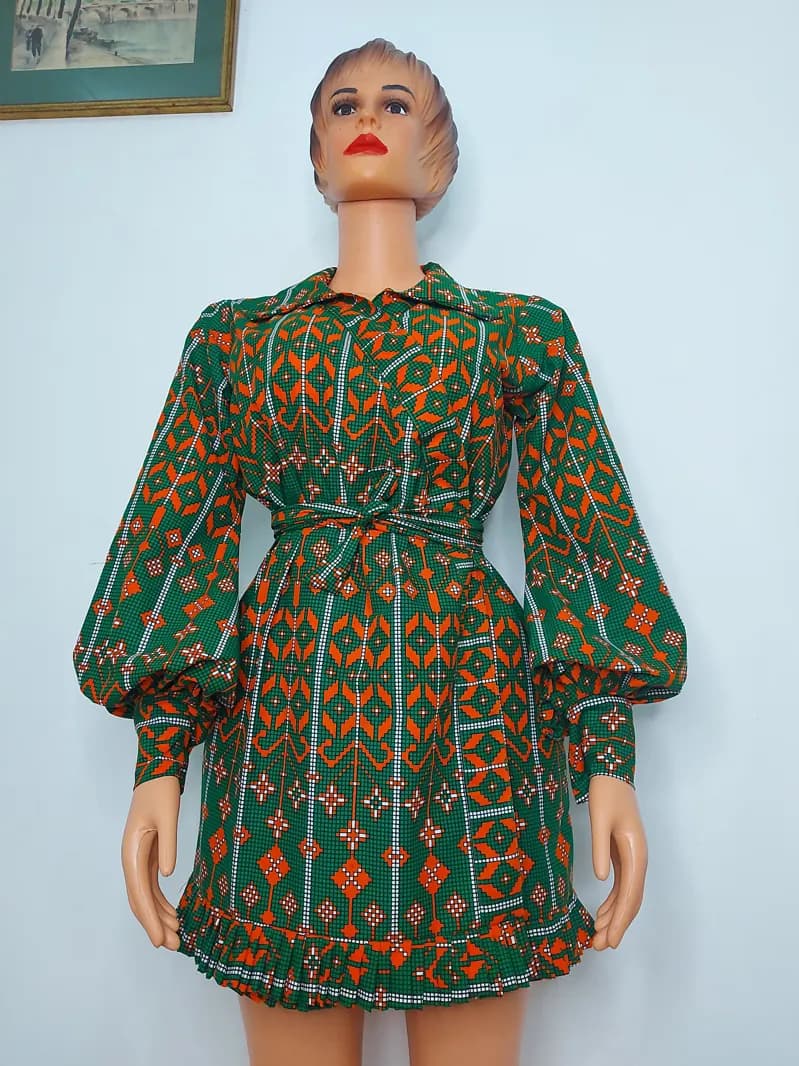 Green Ankara balloon-sleeve shirt dress