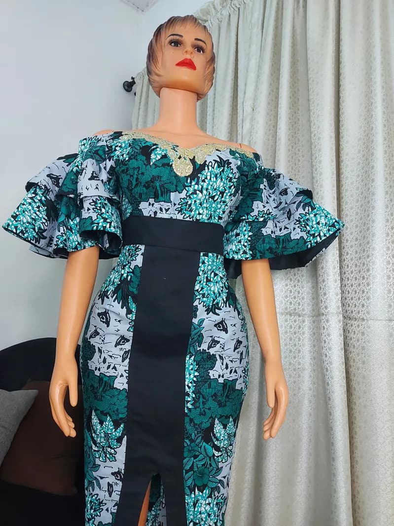 Teal Ankara dress with black panel