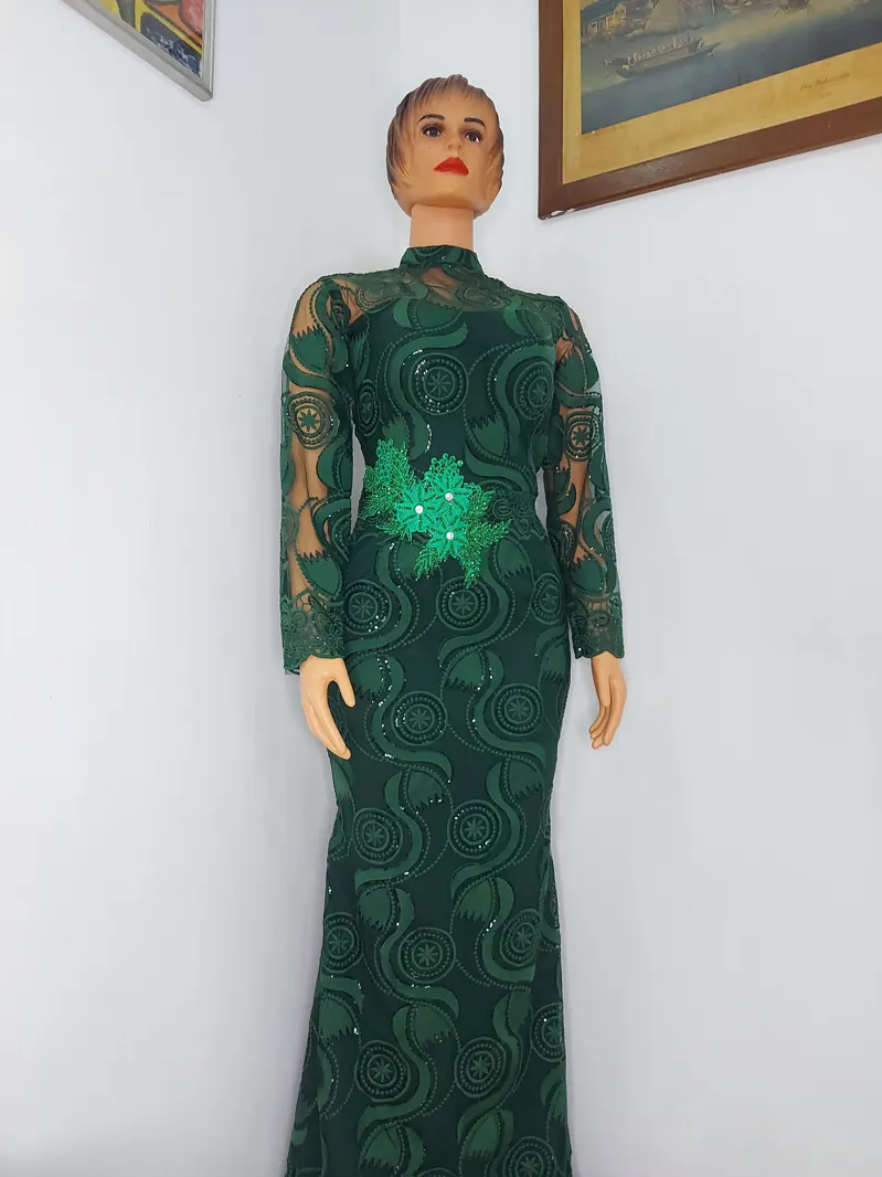Green sequin lace gown