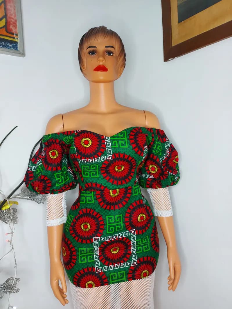 Red and green Ankara puff-sleeve dress