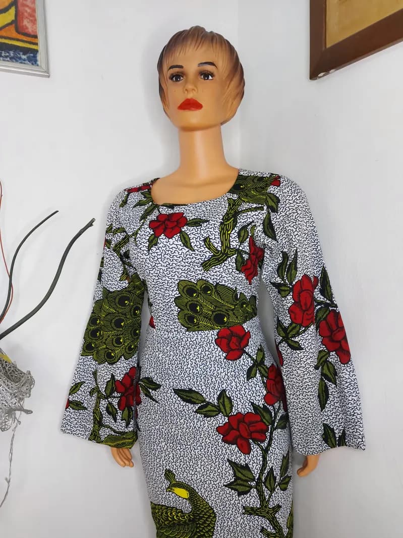 Grey and red floral bell-sleeve dress