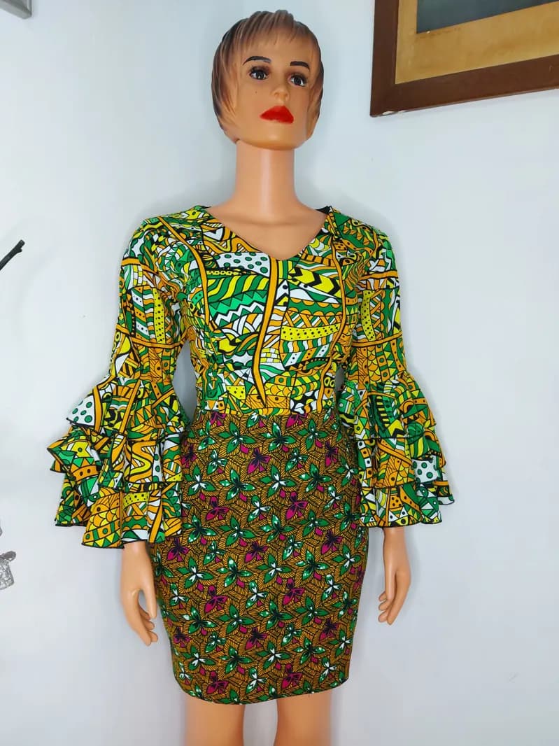 Green and gold Ankara bell-sleeve dress