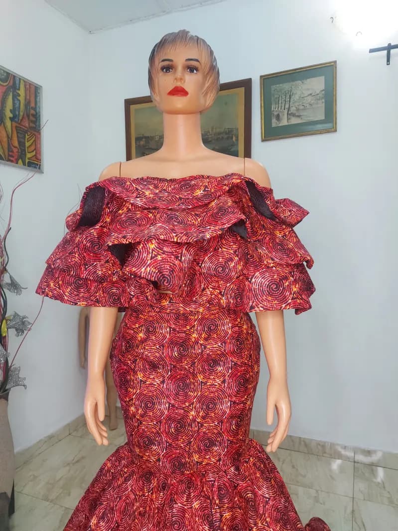 Red print off-shoulder mermaid gown