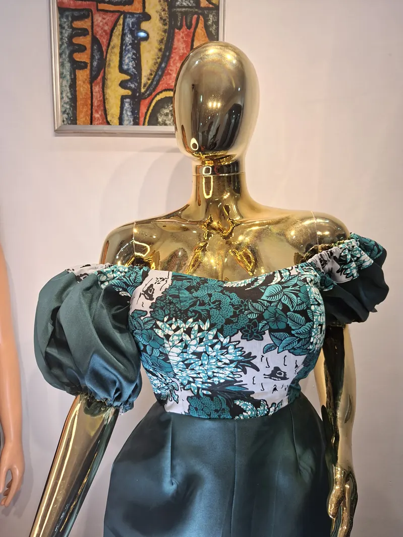 Teal satin and lace puff-sleeve dress