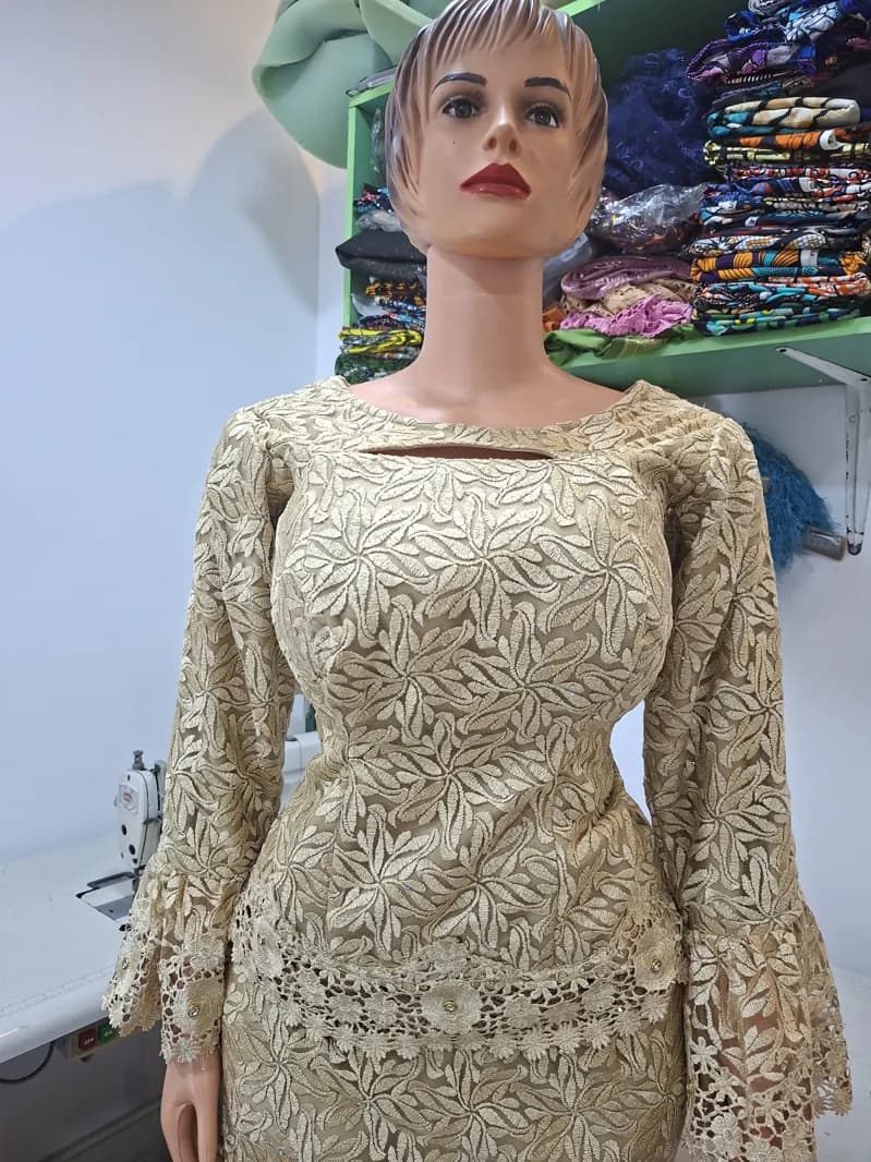 Champagne lace bell-sleeve gown