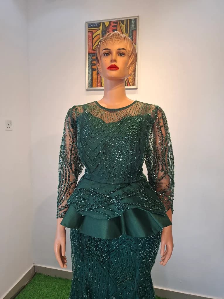 Emerald beaded lace peplum and skirt