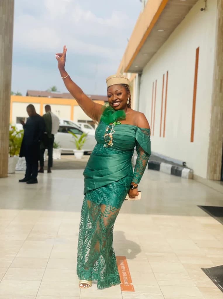 Green lace off-shoulder gown