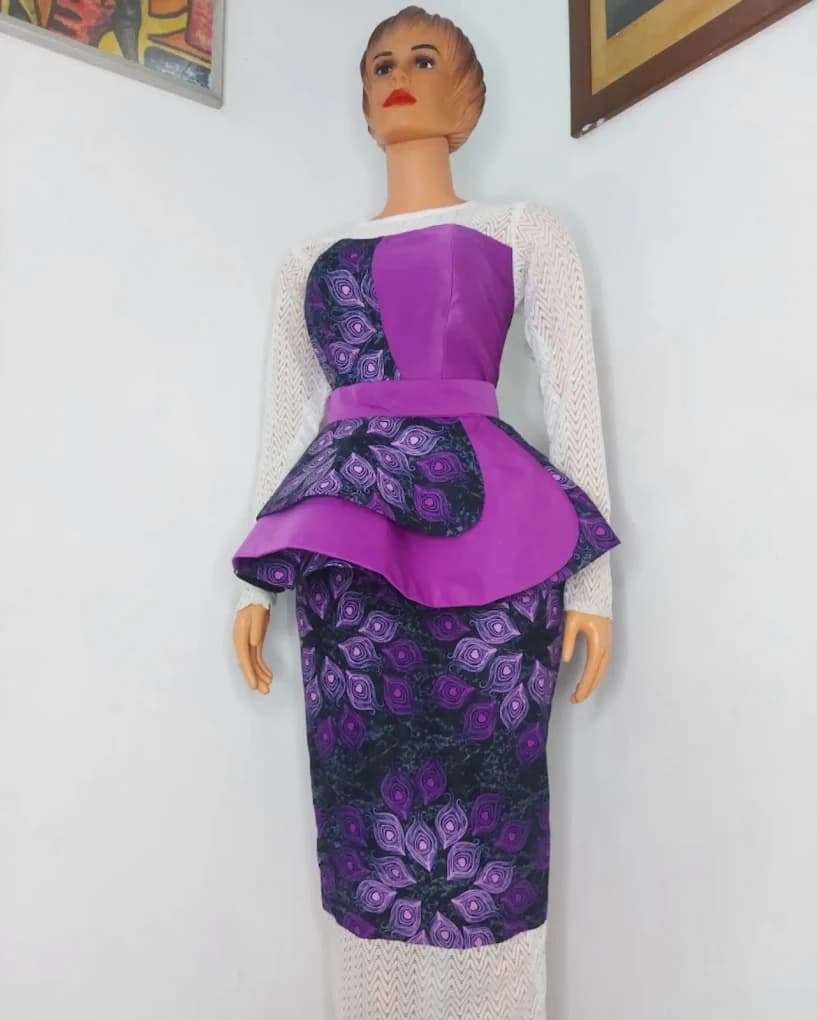 Lilac peplum top with printed pencil skirt