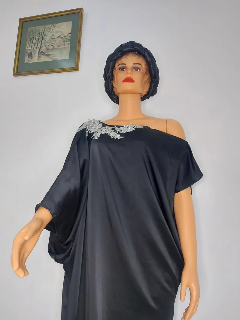 Black satin bubu with embellished neckline