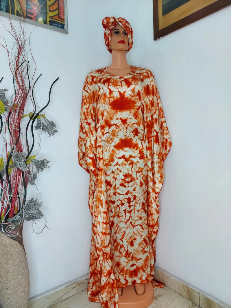 Rust tie-dye kaftan with headwrap