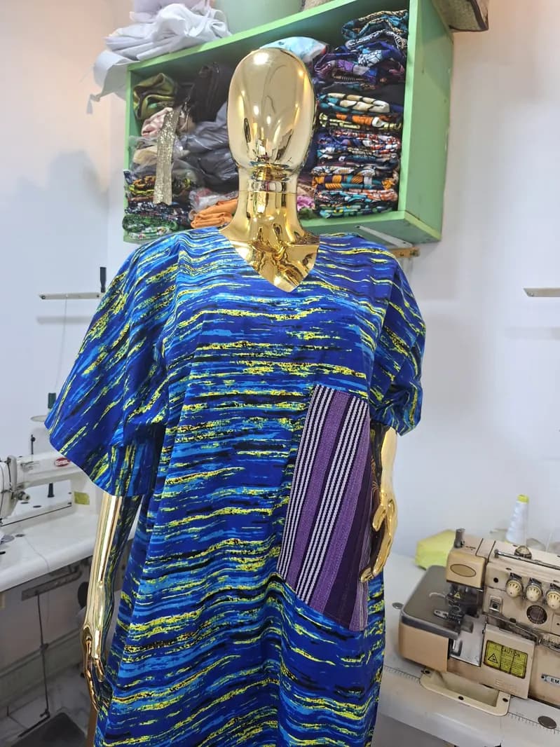 Blue print kaftan with purple panel