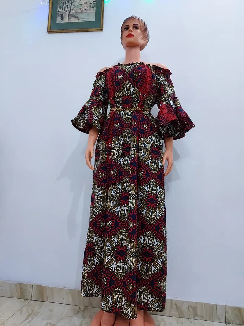 Burgundy Ankara flutter-sleeve trouser set