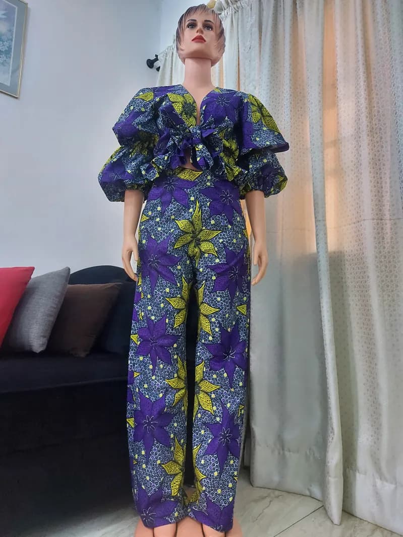 Purple Ankara ruffle-sleeve trouser set