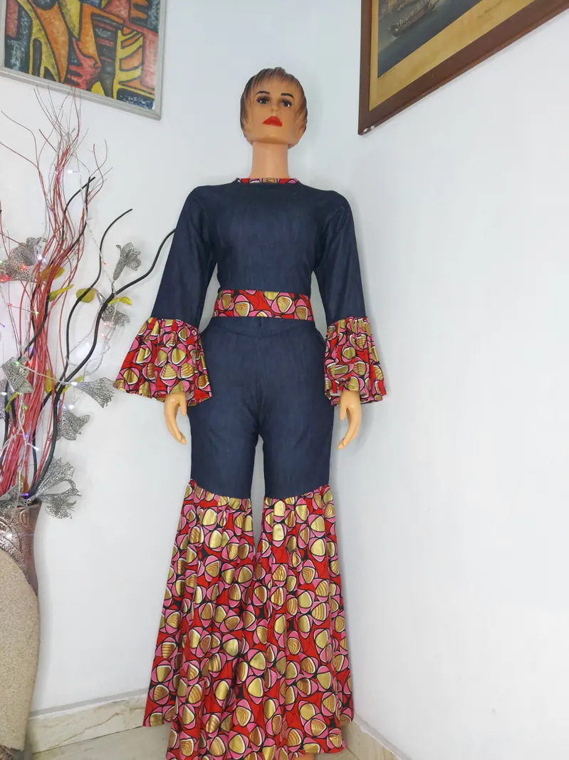 Denim top and flares with Ankara bell sleeves