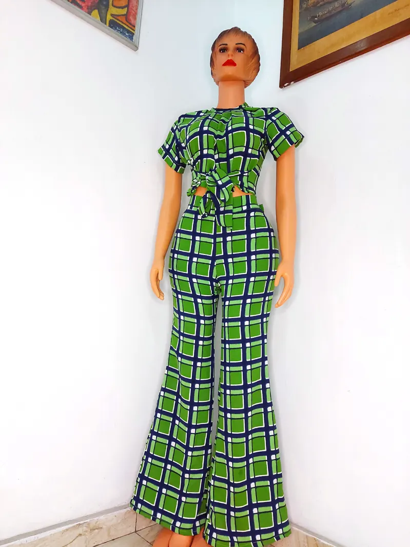 Green check flared trouser set