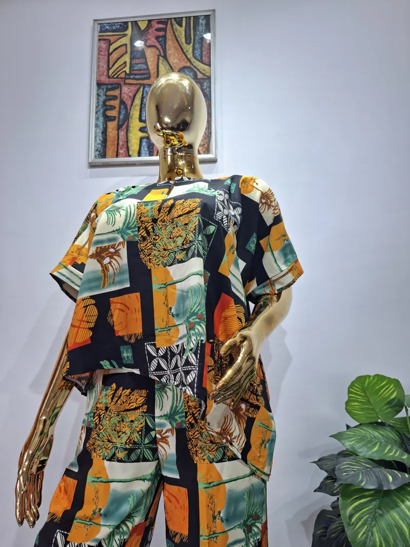 Patchwork print shirt and wide-leg trousers
