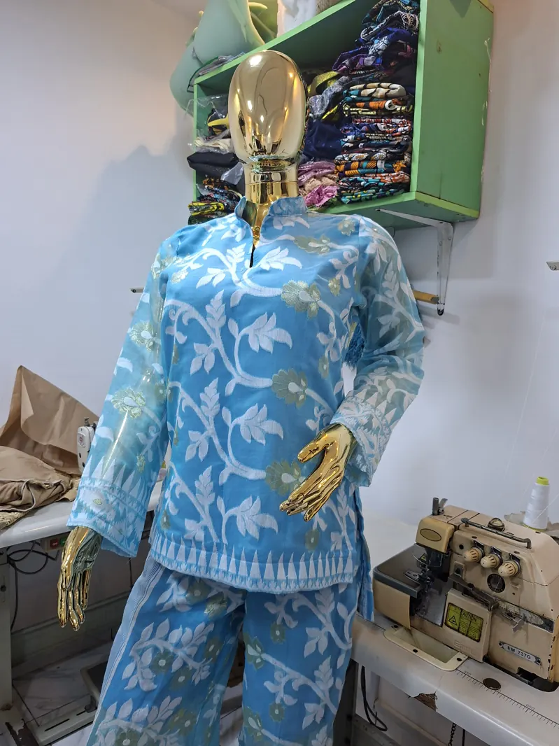 Sky-blue print tunic and trousers
