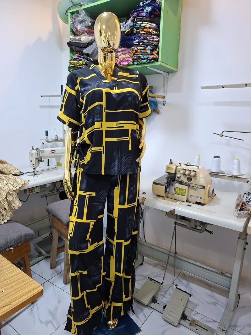 Navy and gold grid-print trouser set