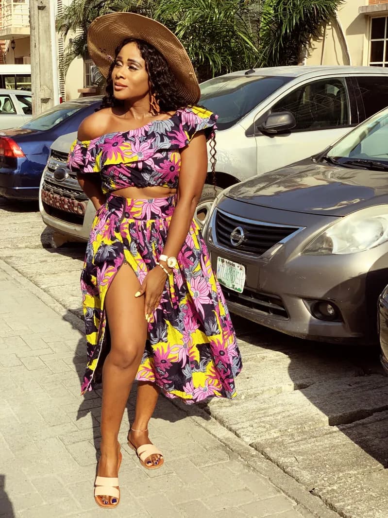 Floral off-shoulder top and slit skirt