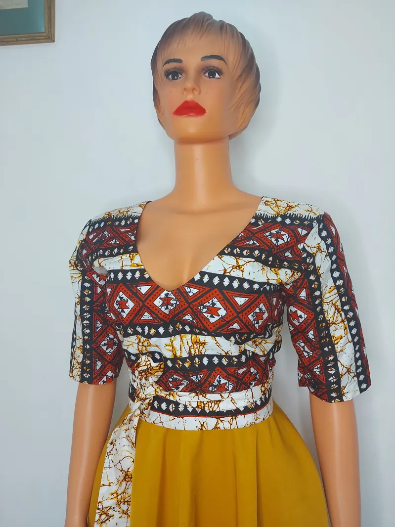 Ankara wrap top and mustard skater skirt