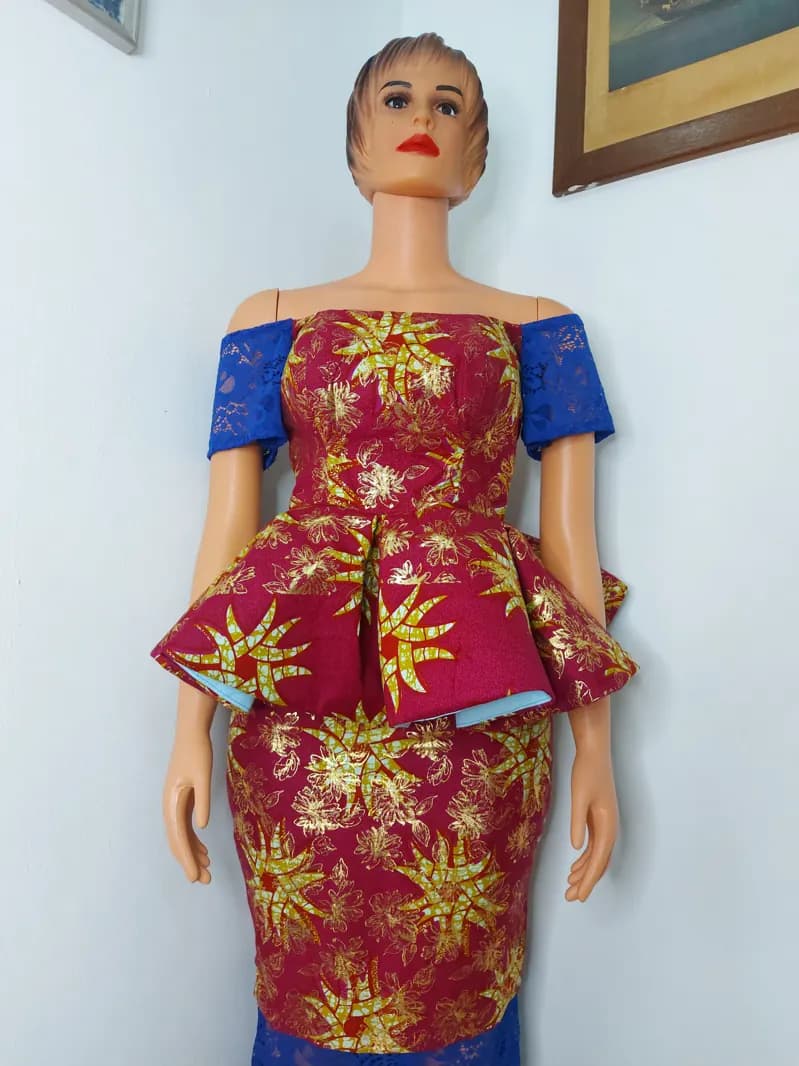 Red Ankara peplum top and blue lace skirt