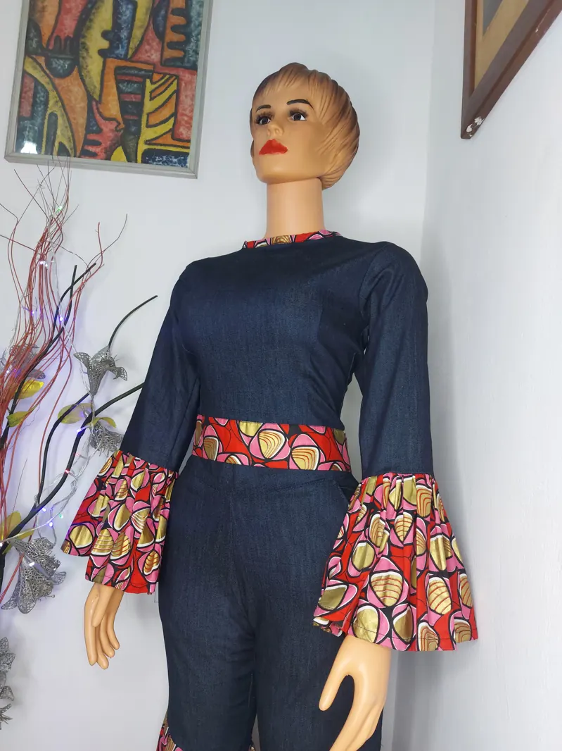 Denim blouse and skirt with Ankara bell sleeves