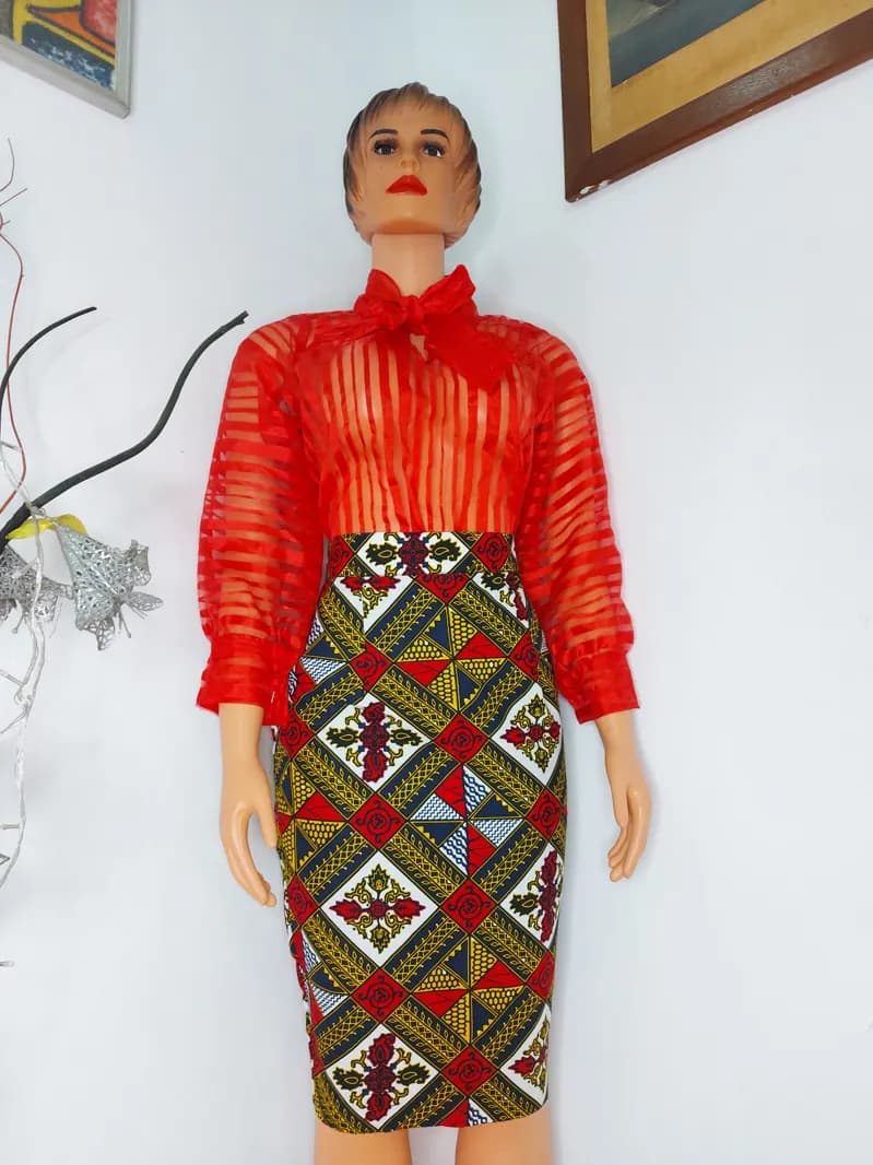 Red organza blouse and Ankara pencil skirt