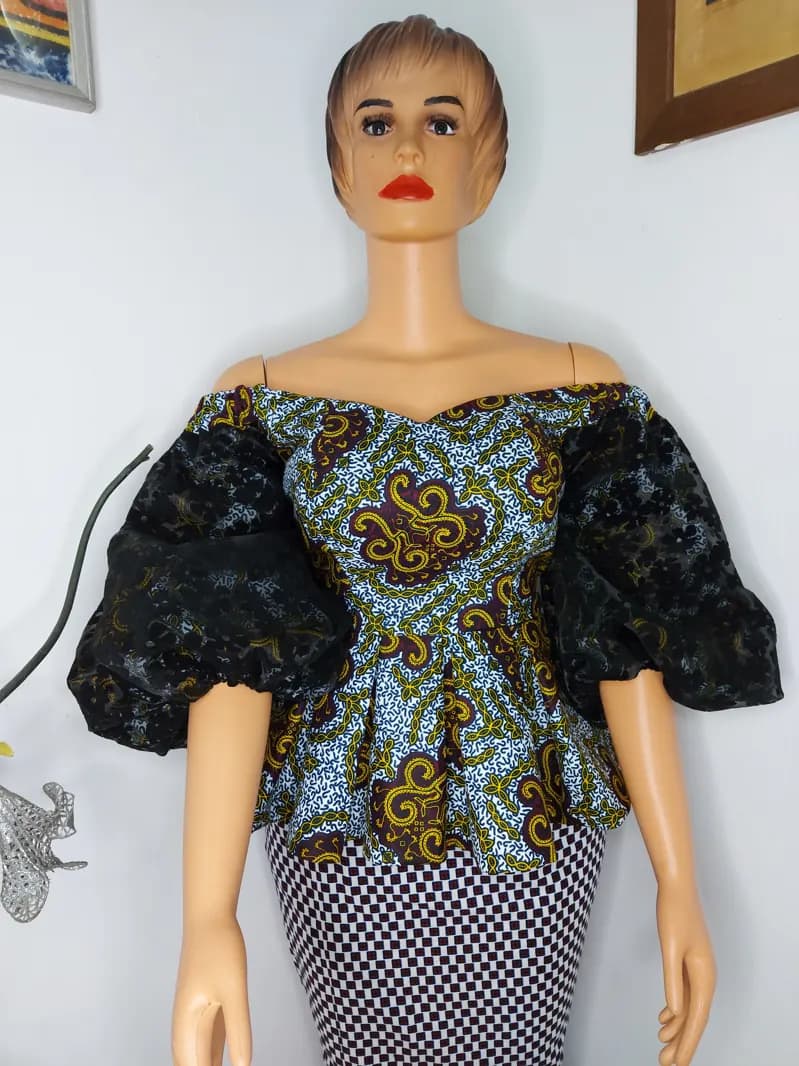 Ankara peplum blouse with black lace sleeves