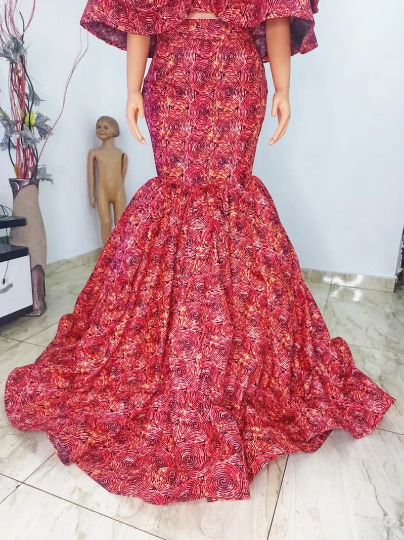 Red Ankara ruffle top and mermaid skirt