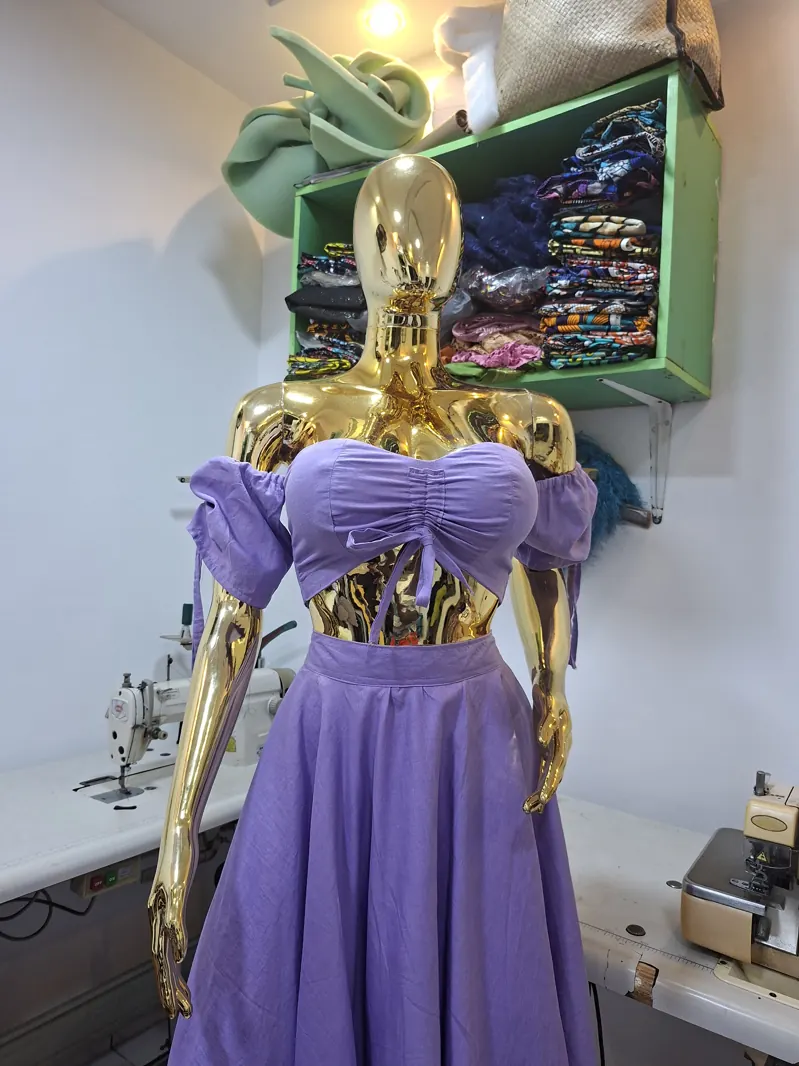 Lilac ruched bodice and flared skirt