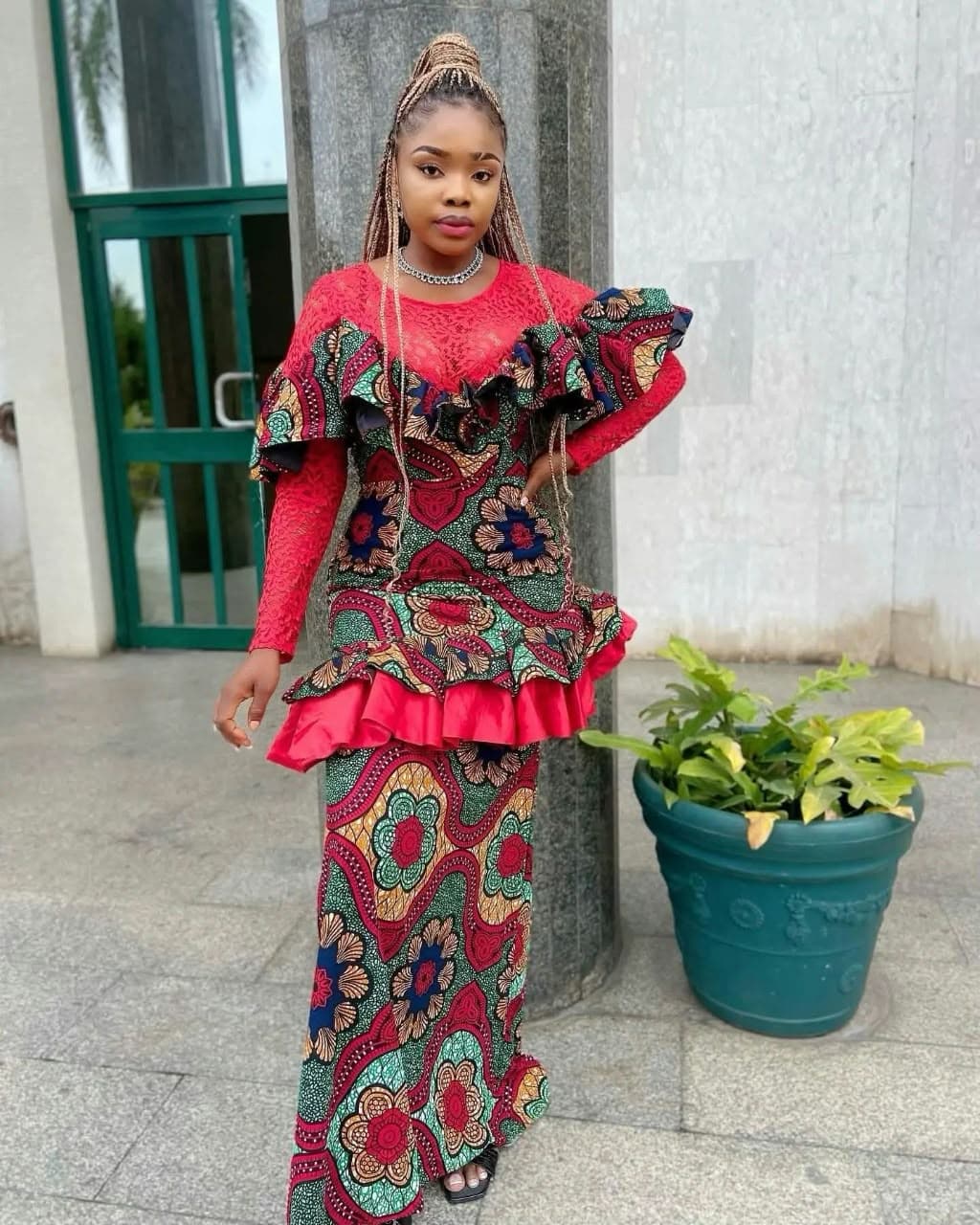 Ankara and lace ruffled skirt and blouse
